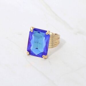 Abalone Royal Blue Emerald Cut Crystal Adjustable Ring Fashion Statement Jewelry